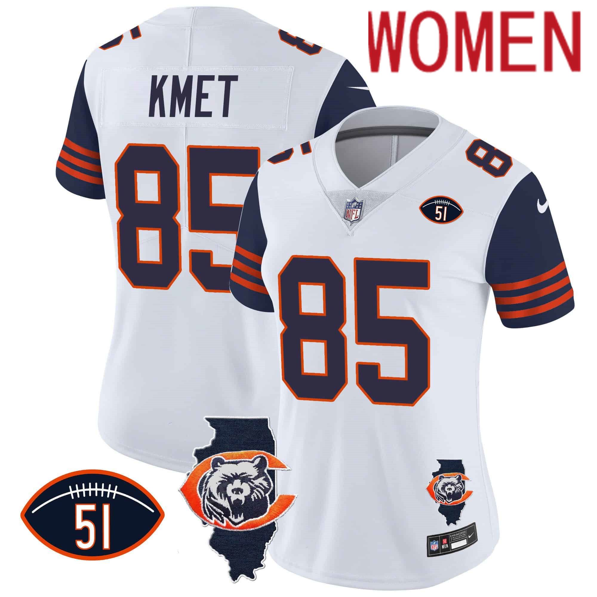 Women Chicago Bears #85 Kmet White 2024 Nike Throwback Illinois Patch Vapor NFL Jersey style 1